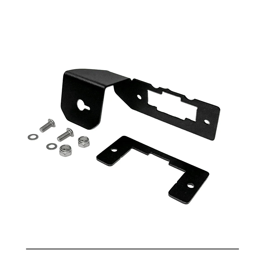 GDP Rotary Switch Bracket 2023-2026 6.7L Ford Powerstroke - angled view of the switch mounting face, OBDII port opening and included bolts, washers and lock nuts
