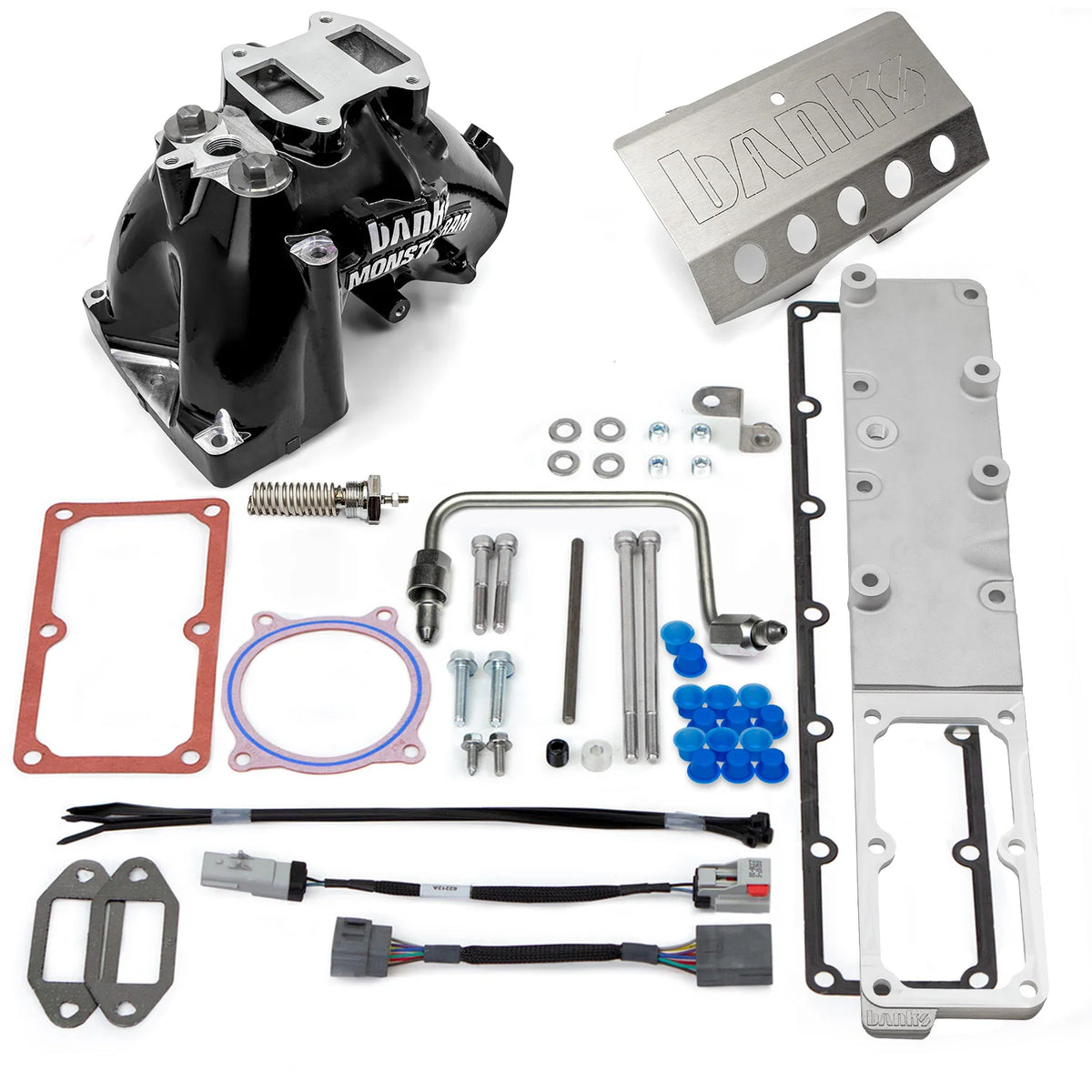 Monster-Ram Intake kit parts - billet grid heater plate, gaskets, hardware and wiring harness, Black Powdercoat